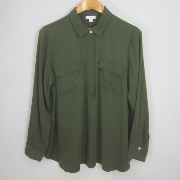 New J Jill Womens Medium Olive Leaf Green LS Rayon Shirt Blouse Pockets NWT $89 - Picture 13 of 13